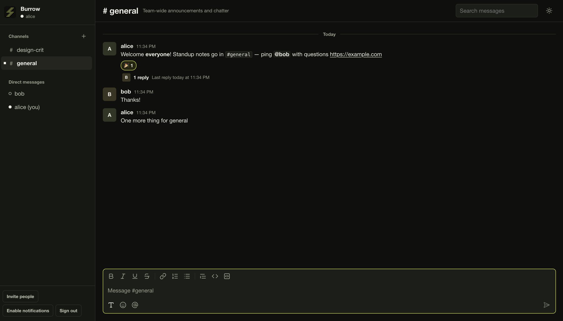 The chat rebuild in dark mode: a channel list and direct messages on the left, and a general channel with formatted messages, a mention, a link, an emoji reaction and a thread reply, above a rich-text message box.