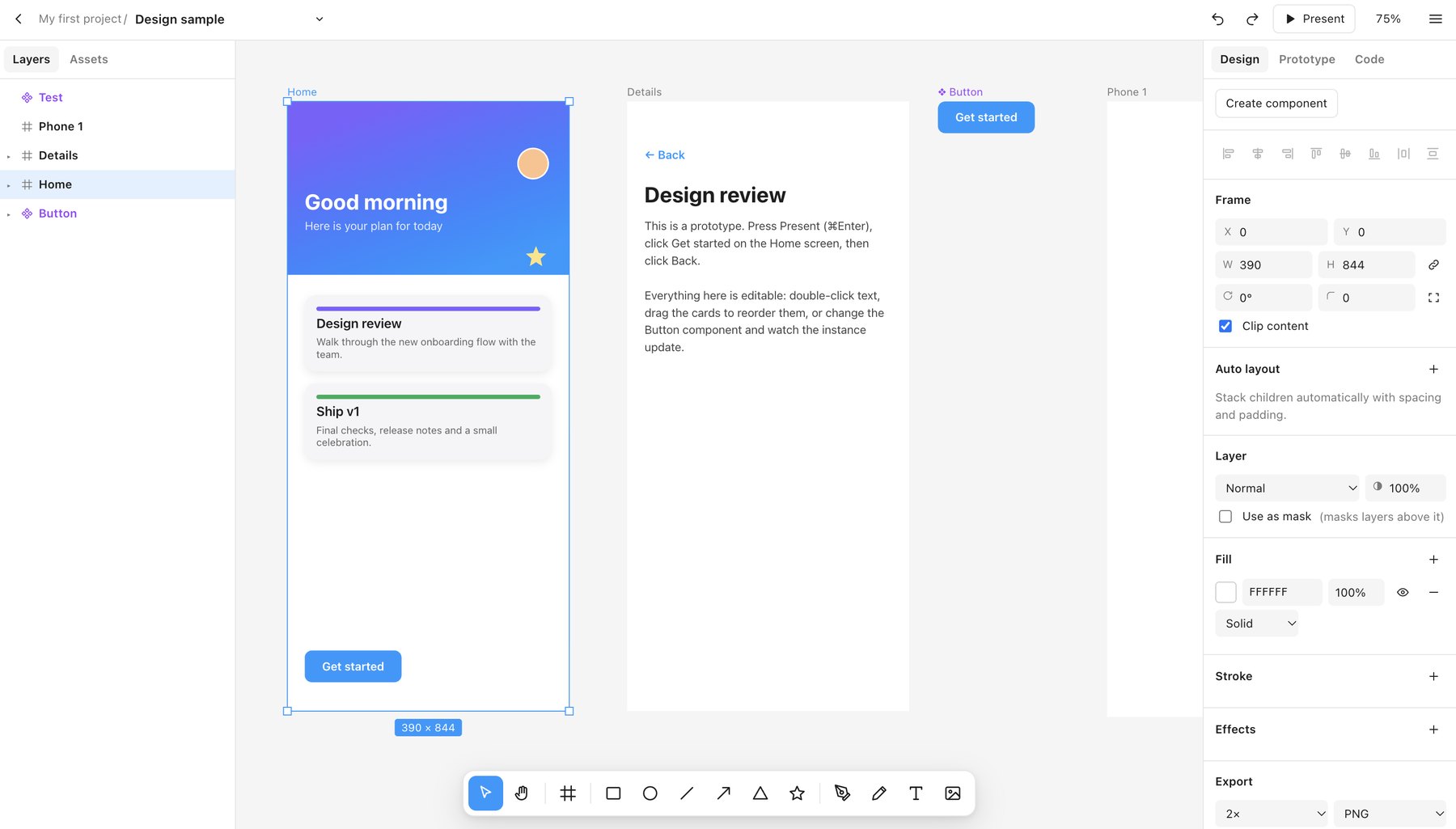 The design-tool rebuild: a layers panel on the left, two phone screens on the canvas with the Home frame selected, a properties panel on the right with Design, Prototype and Code tabs, and a drawing toolbar along the bottom.