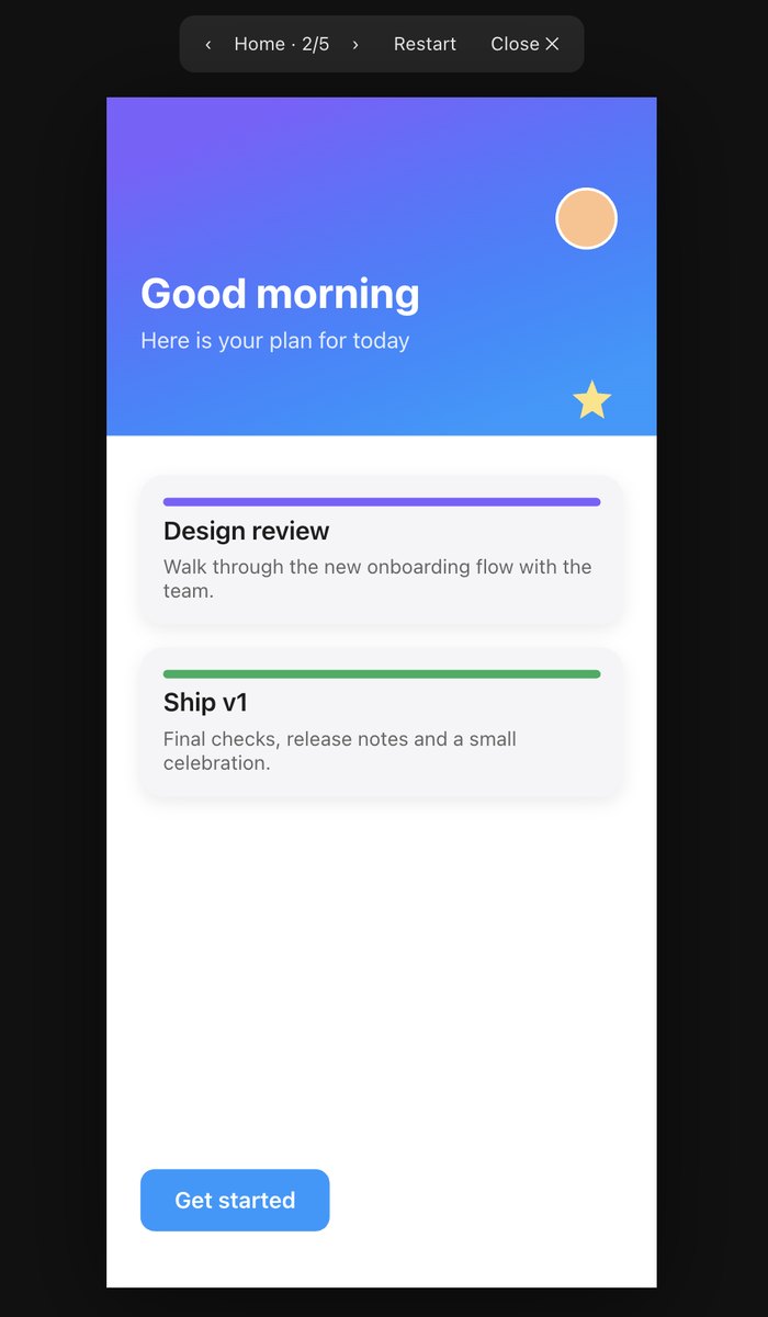 Prototype mode presenting the Home screen of a phone design, with controls at the top showing Home 2 of 5, Restart and Close.