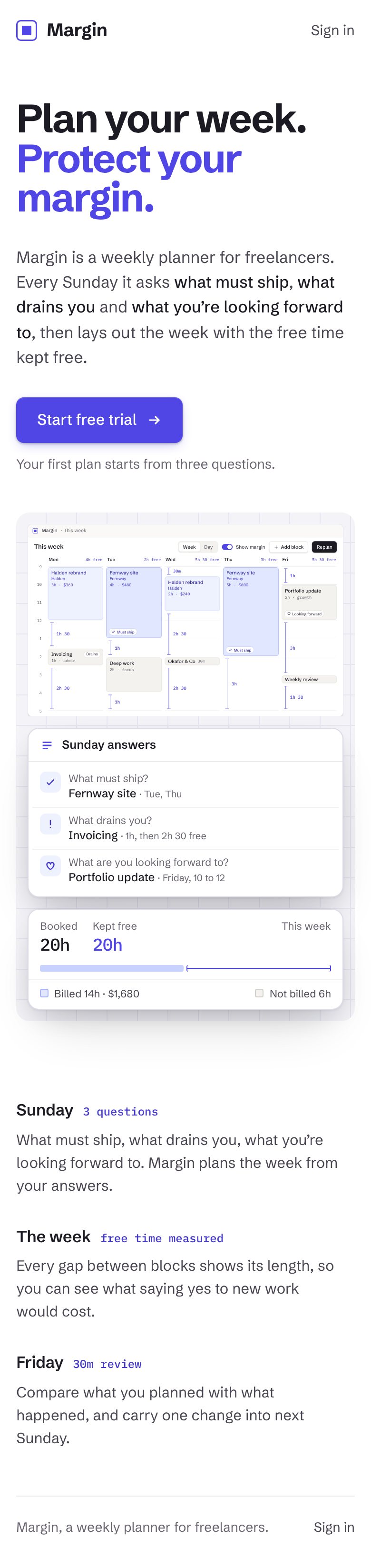 The designed landing page on a phone: headline, paragraph and button, then the week view scaled to fit with the free gaps still measured.