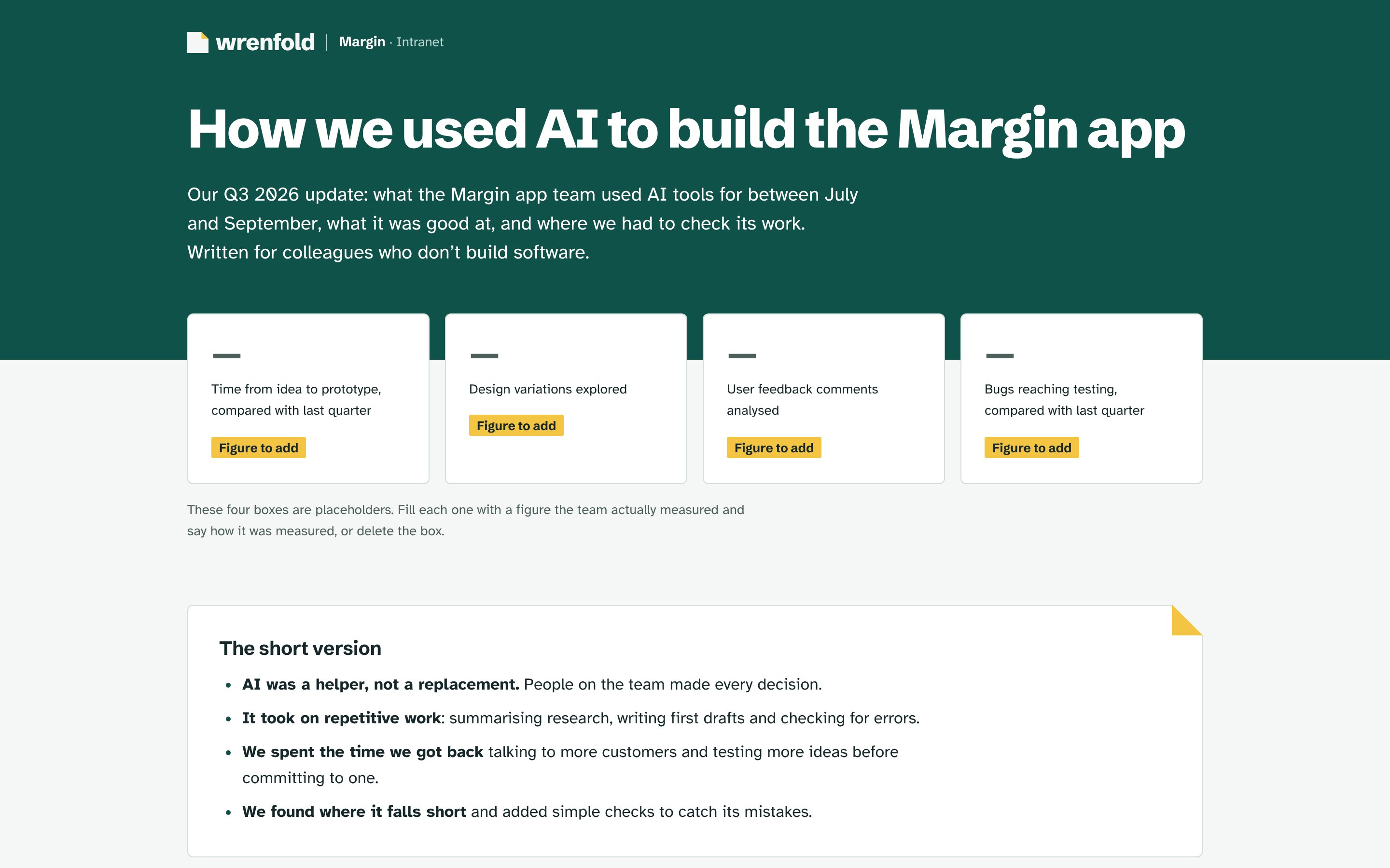 The same intranet page with the wrenfold guideline applied: a Spruce green header with the folded-page logo, a left-aligned sentence-case title, the same four stat boxes with ‘Figure to add’ now marked in highlighter yellow, and the short version box with a yellow folded corner.
