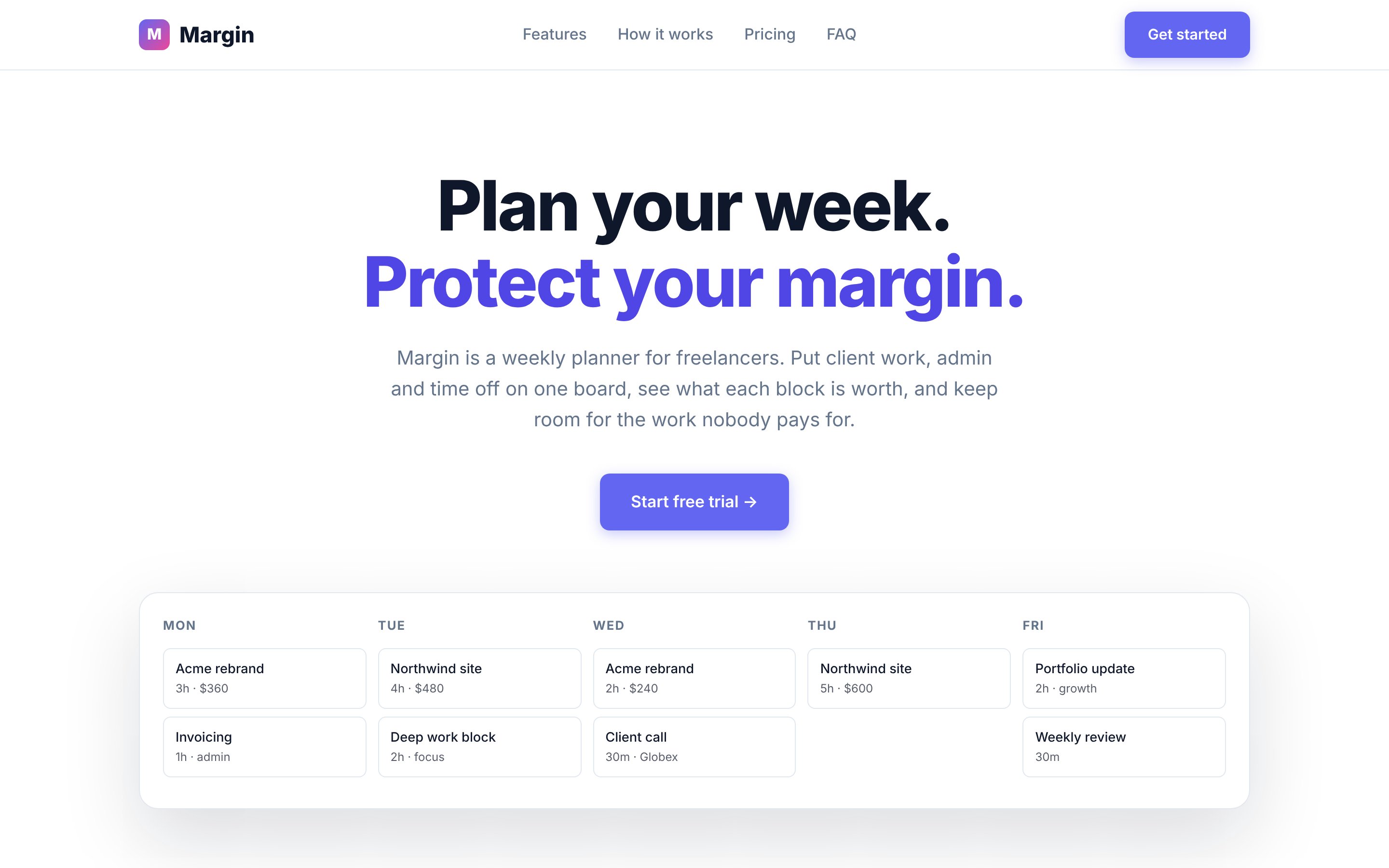 Stage 2, cleaned: the same centred layout and colours with the badge, gradient, glow, second button, trial line and browser dots removed, a single ‘Start free trial’ button, neutral task boxes and plainer copy.