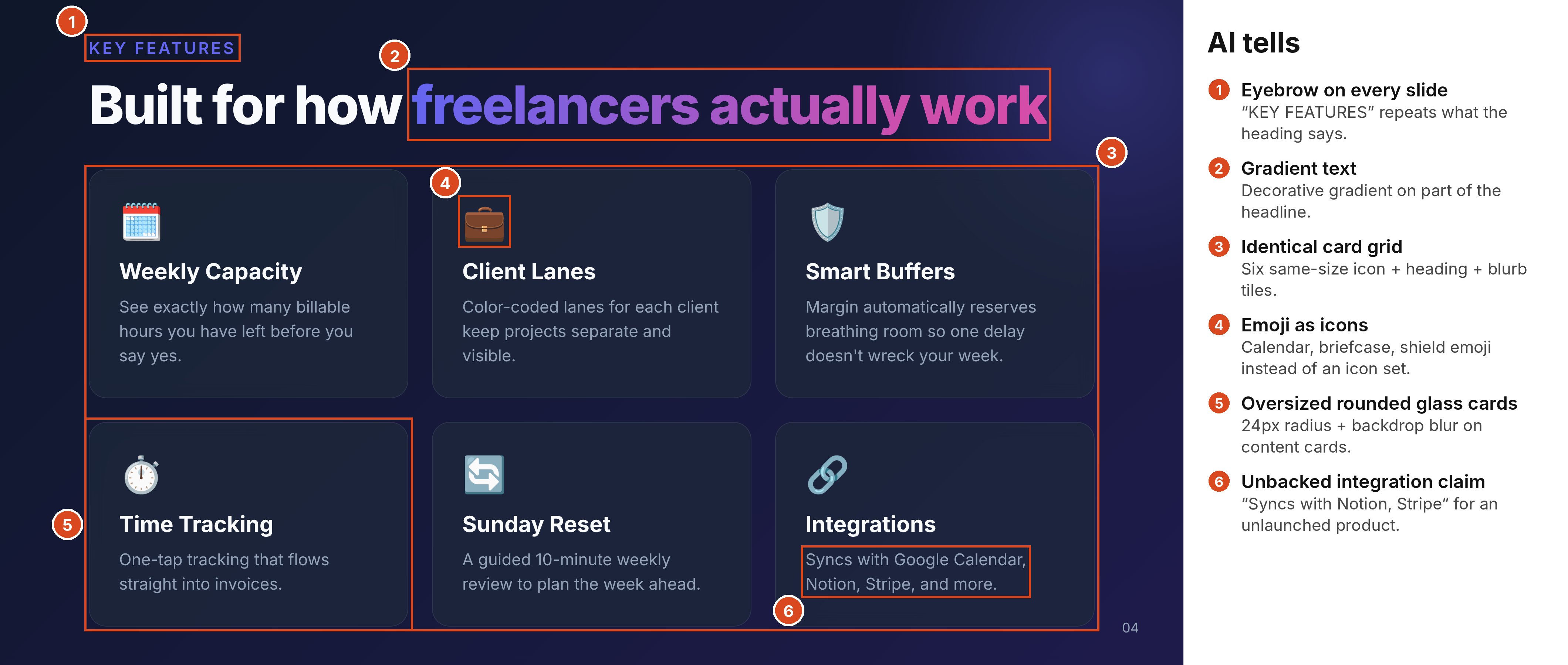 Generated deck slide 4, marked up: ‘Built for how freelancers actually work’ with gradient words over a grid of identical feature cards, each with an emoji icon.