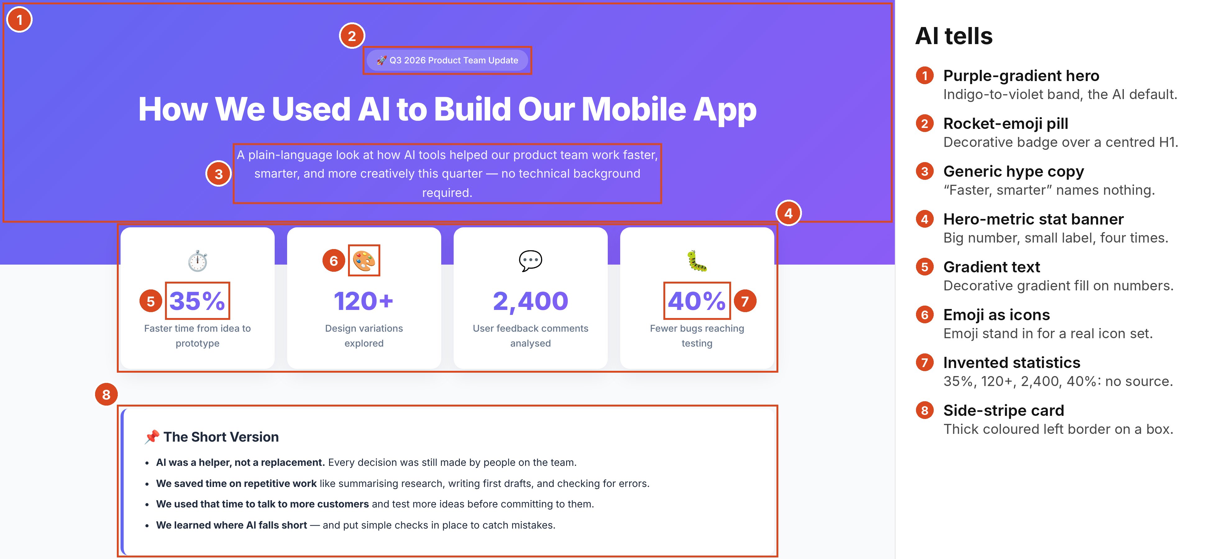 The generated intranet report page with eight tells boxed and numbered beside an ‘AI tells’ legend: a purple-gradient hero, a rocket-emoji pill, hype copy, a banner of four big statistics with emoji icons, gradient numbers and a side-stripe card.